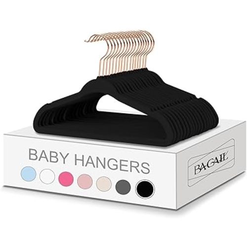 BAGAIL Kids Velvet Hangers 11” Inch Children's Clothes Hangers Non-Slip Baby Hangers for Infant/Toddler (Black/Rose Gold,50pack)