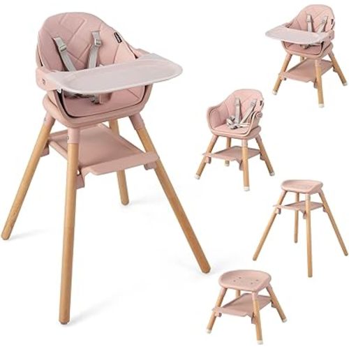 BABY JOY 6-in-1 Convertible Wooden High Chair, Baby High Chair with Double Dishwasher Safe Trays, 5-point Harness, Storage Shelf & Solid Beech Wood Legs, Highchair for Babies, up to 6 Years Old, 25 kg, Pink