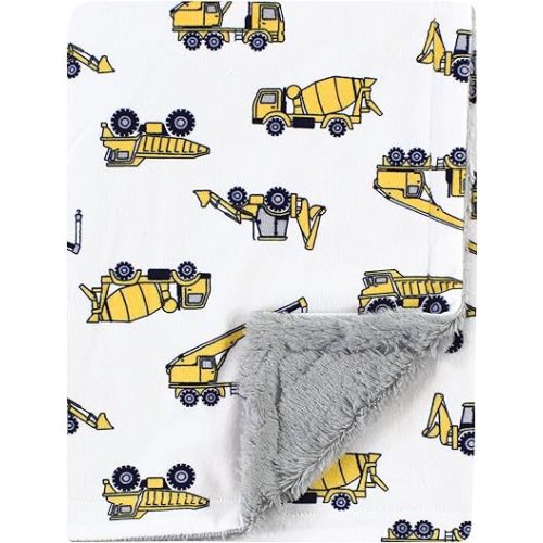 Hudson Baby Unisex Baby Plush Blanket with Furry Binding and Back, Construction, One Size