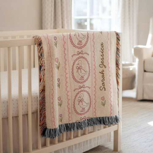 Personalized Silly Goose Woven Blanket Heirloom Baby Girl Gift Pink Goose Nursery Decor Custom 1st Birthday Keepsake Throw