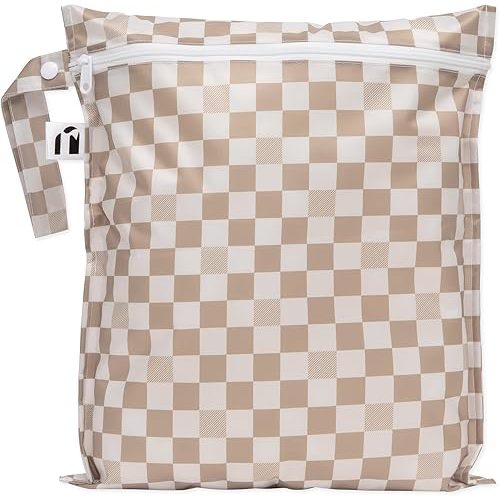 Roamio Waterproof Wet Bag for Baby, Travel, Swim Suit, Cloth Diaper, Pump Parts, Pool, Gym Clothes, Beach, Toiletry, Hook to Stroller, Daycare, Zipper Reusable Bag, Wetdry Packing Pouch, Beige Check