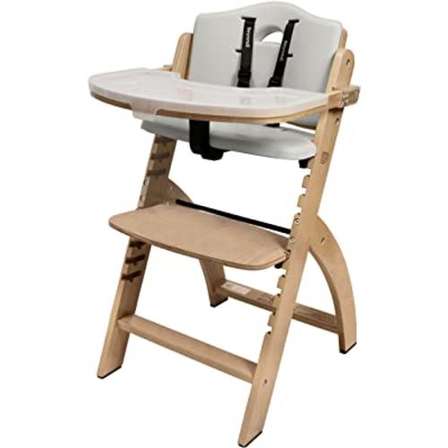Abiie Beyond Junior Convertible Wooden High Chairs for Babies & Toddlers. 3-in-1 Adjustable High Chair with Removable Tray, Easy to Clean, Portable. 6 Mos. up to 250 Lb. Natural Wood/Dove Grey Cushion