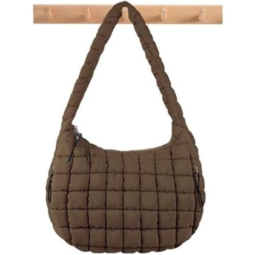 Quilted Puffer Tote Bag Large Crossbody Shoulder Bag with Zipper, Nylon Bubble Hobo Handbag Carryall Bag for Women