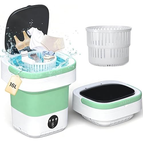Portable Washing Machine - 16L Mini Foldable Washer with Spin Basket, 3 Cleaning Modes & Deep Cleaning for Small Clothes, Collapsible Laundry for Apartment, Home, Hotel and Travel (Green)