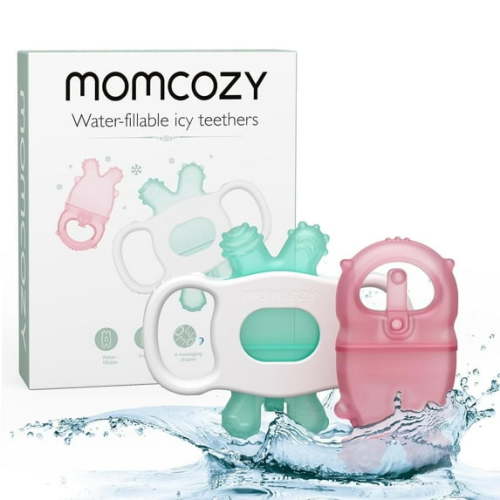 Momcozy Water Baby Teether, Silicone Cold Teether Toys for 0-12 Months, 2 Pcs, Pink and Green