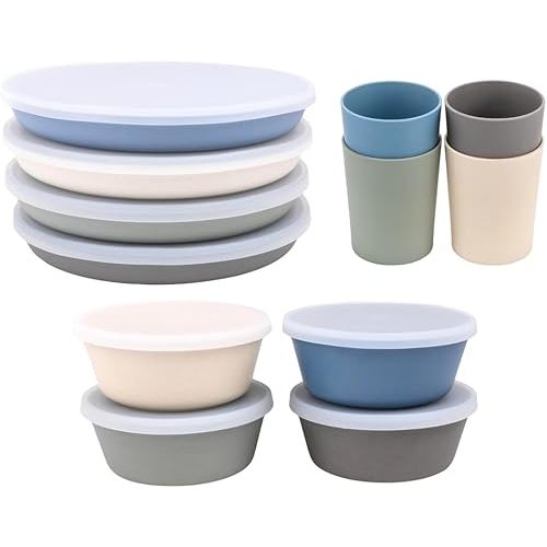 WeeSprout Bamboo Dining Bundle - 4 Kid-Sized Bowls & 4 Plates With Lids & 4 Cups - 10 oz Bowls, 10 fl oz Cups - Perfect For Toddlers & Big Kids - Dishwasher Safe - Natural Materials