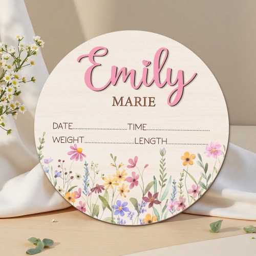 Personalized Baby Announcement Sign, Wildflower Name Sign for Hospital, Baby Girl Name Sign, Newborn Sign With Birth Stats, Baby Shower Gift