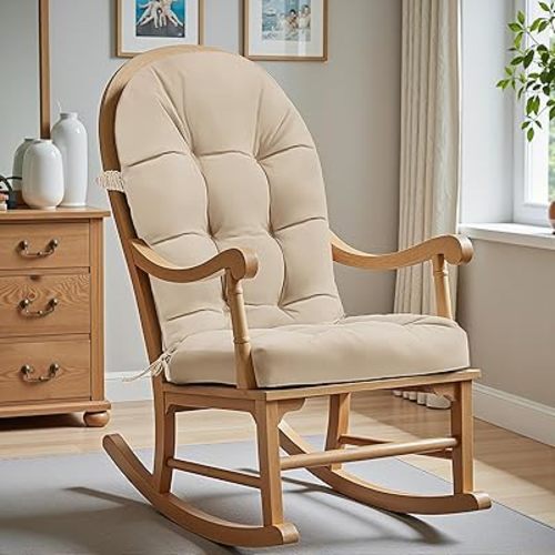 Rocking Chair Cushion - Velvet Fabric, High-Density Sponge, Durable Comfort Non-Slip Bottom Tufted Seat Pads with Ties, Velvet︱Oyster White, 44x19x4 inch