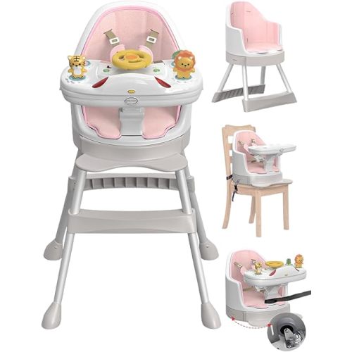 High Chair with Foldable Baffle, Easy to Put Baby in，Music & Lights Baby High Chair with Wheels and a Traction Rope，Baby Floor Seat with 5- Point Seat Belt & Footrest，MAX 80 LBS(Pink)