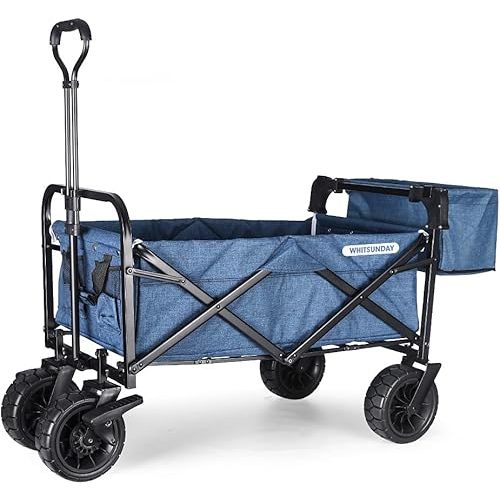 WHITSUNDAY Collapsible Folding Garden Outdoor Park Utility Wagon Picnic Camping Cart with Bearing and Brake 8" All Terrain Wheels with Rear Storage (Ocean Blue)