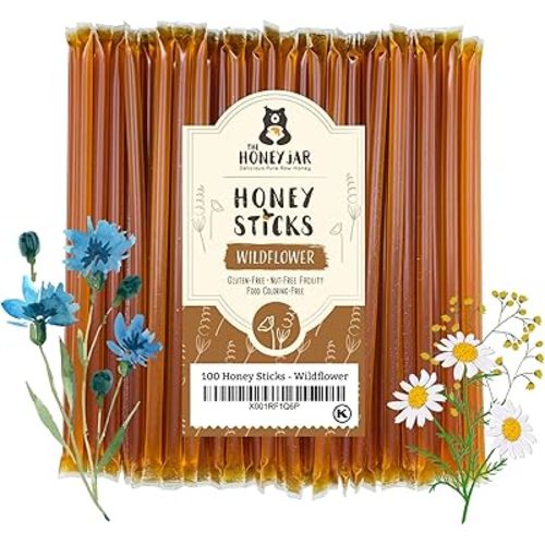 The Honey Jar - Wildflower Varietal Honey Sticks - Pure Honey Straws For Tea, Coffee, or a Healthy Treat - One Teaspoon of Flavored Honey Per Stick - Made In The USA, Real Honey - (100 Count)
