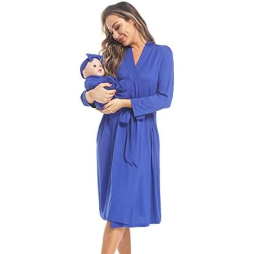 QTECLOR Maternity Robe with Matching Swaddle Blanket Set,Maternity Barhrobe Delivery Labor Robe for Hospital Women Dress