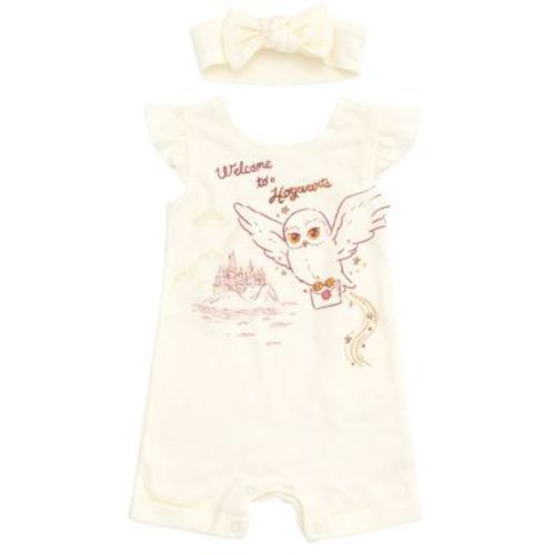 Harry Potter Hedwig Owl Infant Baby Girls French Terry Romper and Headband White 18 Months