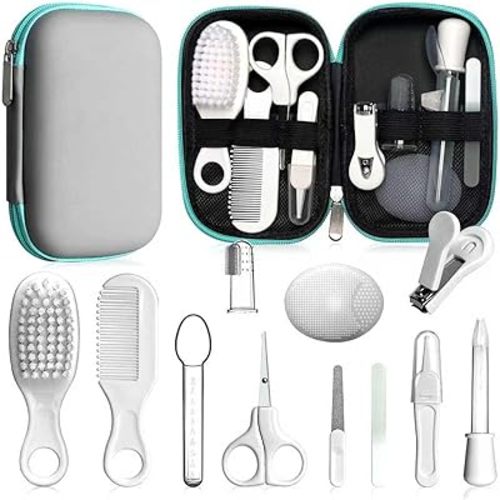 Baby Grooming Kit - Nursery Essentials Baby Registry Shower Gift for Newborns, Infants, Toddlers, Boys, Girls Kids-Safety Baby Comb, Brush, Finger Toothbrush, Nail Clippers, Scissors (Grey White 12 in 1)