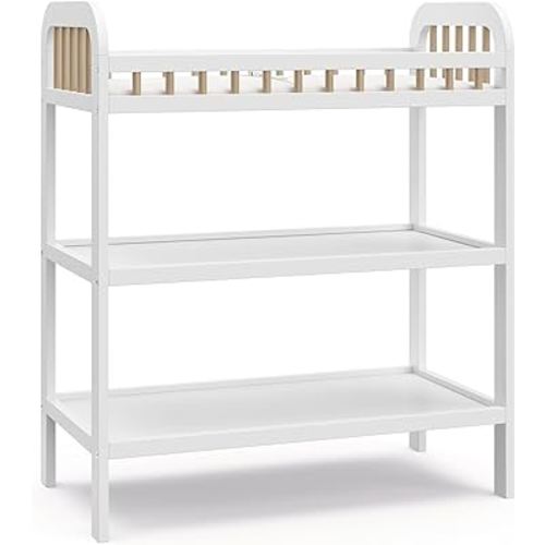 Storkcraft Pasadena Changing Table with Water-Resistant Changing Pad (White with Driftwood) - GREENGUARD Gold Certified, Includes Bonus Water-Resistant Changing Pad with Safety Strap, 2 Open Shelves