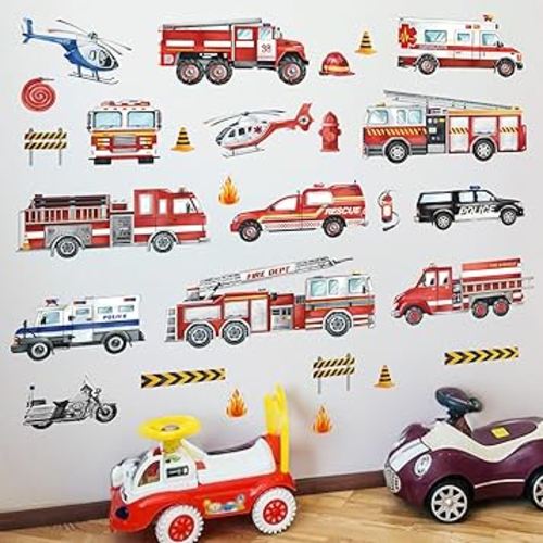 decalmile Transportation Cars Vehicles Wall Decals Fire Trucks Wall Stickers Baby Nursery Kids Room Boys Bedroom Wall Decor