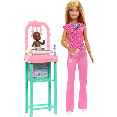 Barbie Baby Doctor Playset with Blonde Fashion Doll Wearing Pink Scrubs, Baby Doll, Furniture & Accessories