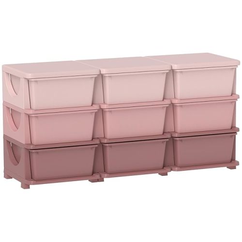 Qaba 3-Tier Toy Storage Organizer, Kids Toy Organizer with 9 Removable Drawers, for Kids' Room, Playroom, Nursery and Kindergarten, Plastic Storage Bins for Toddlers, Pink