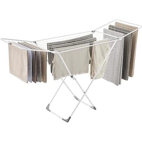 SONGMICS Clothes Drying Rack, Metal Laundry Drying Rack, Foldable, Space-Saving, Free-Standing Airer, with Gullwings, Indoor Outdoor Use, Bed Linen Clothing, White ULLR540W01