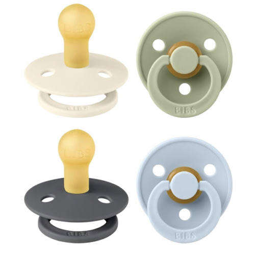 BIBS Colour Soother 4-Pack | BPA Free Dummy Pacifier | Round Nipple | Natural Rubber Latex | Made in Denmark | Size 0-6 Months | Iron Mix
