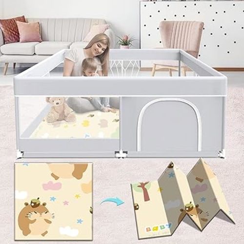 Baby Playpen with Mat, Baby Playard for Babies and Toddlers, Baby Fence Play Pens for Indoor & Outdoor, Sturdy Safety Play Yard with Soft Breathable Mesh, Anti-Fall, 50 * 50 * 27 inches Grey