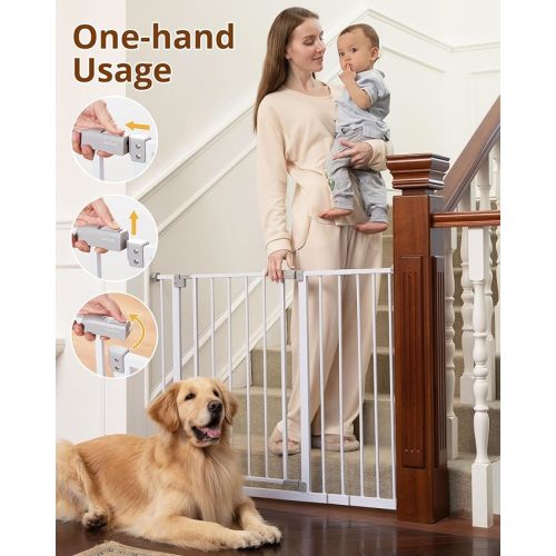 InnoTruth 28.9-42.1" Wide Baby Gate for Stairs & Doorways, 30" Tall Pressure Mounted Dog Gates for Stairs Expandable One-Hand Open, Easy Step Walk Through Dual Lock Metal Pet Gates for Dogs, White