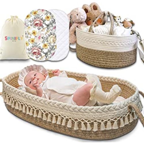 Baby Changing Basket Set w. Diaper Caddy Organizer Macrame Boho Moses Basket for Babies, Handmade 100% Cotton Rope, Woven Portable Nursery Decor Waterproof Pad & Floral Pad