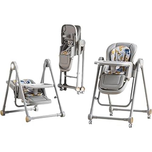 Multi Functional All in 1 Baby High Chair Reclining Foldable Rocking 8 Level Height Adjustment Eco Friendly Washable PU Cushion Ultimate Baby Feeding Chair (Gray)