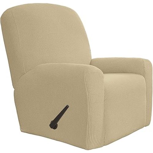 Easy-Going 4 Pieces Oversized Recliner Stretch Sofa Slipcover Sofa Cover Furniture Protector Couch Soft with Elastic Bottom Polyester Spandex Jacquard Fabric Small Checks Beige X-Large