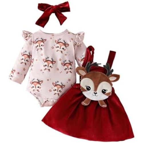 Christmas Baby Girl Outfit Newborn Cute Elk Fly Sleeve Romper Overall Dress Infant Girls Fall Winter Skirt Set