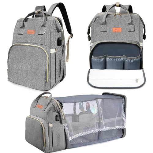 Diaper Bag Backpack, Diaper Dag with changing station, Multi-functional Travel Bag, Waterproof Diaper Bag, Baby Diaper Bag, Baby Bag for Boys and Girls, Gray