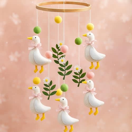 Vicenpal Wildflower Butterfly Baby Mobile for Crib Pink Spring Baby Room Decor Felt Nursery Mobile for Crib Neutral Wooden Handmade Hanging Decoration(Silly Goose)