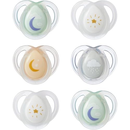 Tommee Tippee Nighttime Pacifier, 0-6 Months, 6 Count, Glow in The Dark Pacifiers, Symmetrical Nipple, BPA-Free Silicone Binkies, Newborn Essentials