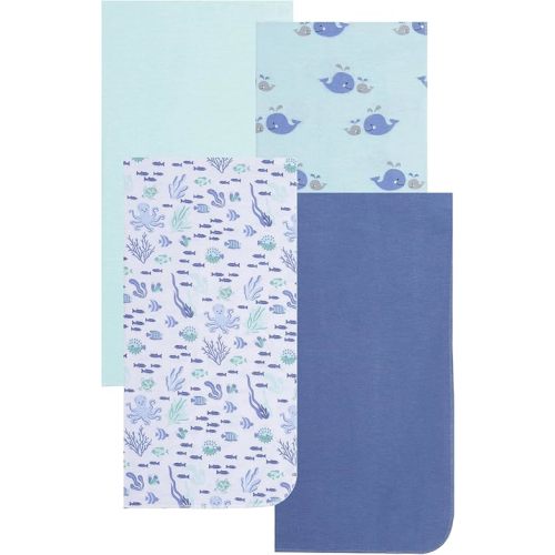 EVERYDAY KIDS 4 Pack of Soft Flannel Receiving Baby Blanket Set for Boys; Blue Baby Swaddle Blankets for Newborn Baby Boy Nursery with Ocean Animals, Fish, Octopus, Whales, Turtles, Coral Prints