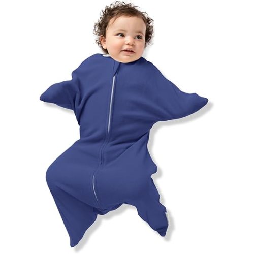 SleepingBaby Zipadee-Zip Transition Swaddle - Fleece Baby Swaddling Blanket with Zipper - Navy, Small (4-8 Month)