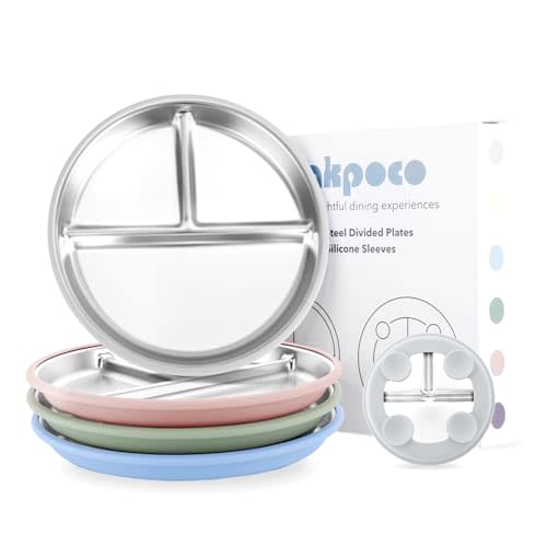 Bakpoco Stainless Steel Suction Plates for Toddlers, 9" Divided Kids Baby Plates with Removable Silicone Suction, Non Toxic Non Slip Portion Control Snack Dishes 4 Packs, Blue Green Gray Pink