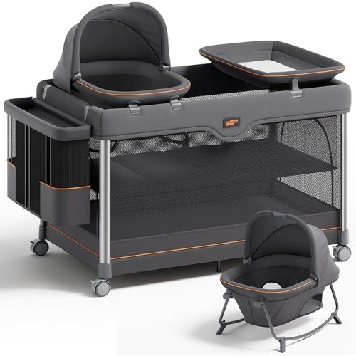 Pamo Babe 6-in-1 Pack and Play with Bassinet – One-Step Setup Baby Bassinet, Portable Playard, Travel Crib with Mattress, Changing Table, Storage Bag & 4 Wheels Travel Playpen for Baby (Gery)