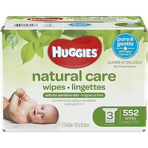 HUGGIES Natural Care Unscented Baby Wipes, Sensitive, 3 Refill Packs, 552 Count Total