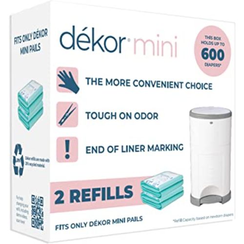 Diaper Dekor Mini Diaper Pail Refills | 2 Count | Most Economical Refill System | Quick & Easy to Replace | No Preset Bag Size Use Only What You Need | Exclusive End-of-Liner Marking