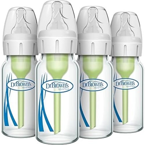 Dr. Brown's Natural Flow Anti-Colic Options+ Narrow Glass Baby Bottle 4 oz/120 mL, with Level 1 Slow Flow Nipple, 4 Pack, 0m+