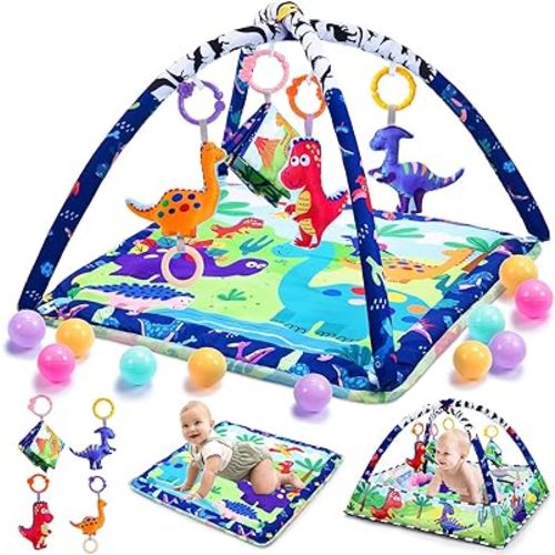 Dinosaur Baby Play Mat Activity Gym, Oversize Tummy Time Play Mat for Babies 0-6 6-12 Months, with 5 Infant Sensory Baby Toys, Newborn Baby Toys Gift for Toddler 0-3-6-9-12 Months
