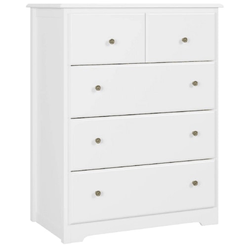 Homfa Classic 5 Drawer Dresser, Modern Horizontal Dresser Chest for Bedroom, White