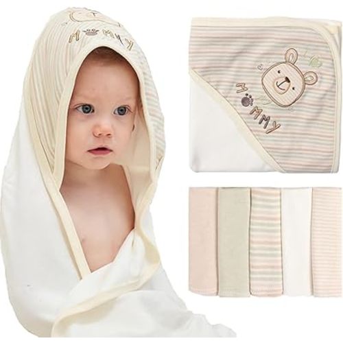6 Pack Baby Hooded Towel and Washcloths Set, Premium Ultra Soft Reusable 100% Organic Cotton Baby Bath Towel, Baby Blanket for Newborns, Infants, Toddlers, Stripes, 30 x 30 Inch
