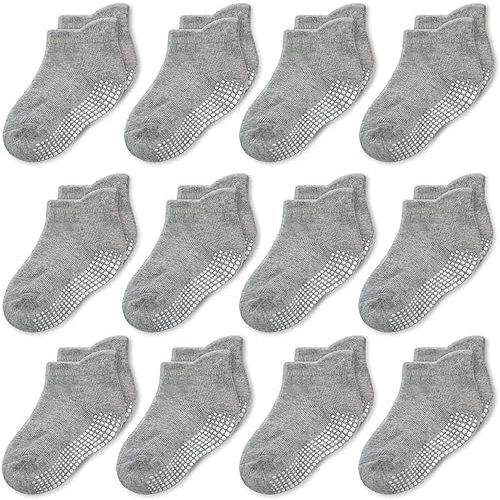 CozyWay Ankle Style Socks with Grip for Little Girls & Boys, Infants, Toddlers, Children - 12 Pairs