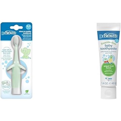 Dr. Brown's Infant-to-Toddler Toothbrush, Elephant, Mint, 0-3 Years & Fluoride-Free Baby Toothpaste,Infant & Toddler Oral Care,Mixed Fruit,1-Pack,1.4oz/40g,0-3 Years