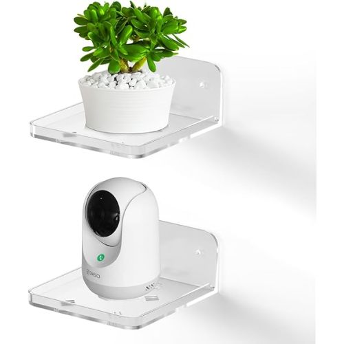 Acrylic Small Wall Mount Floating Camera Shelf 2 Pack Baby Monitor Holder, Echo Dot 5th Wall Mount Storage, Clear Mini Flexible Shelf for Bathroom, Bedroom, Kitchen