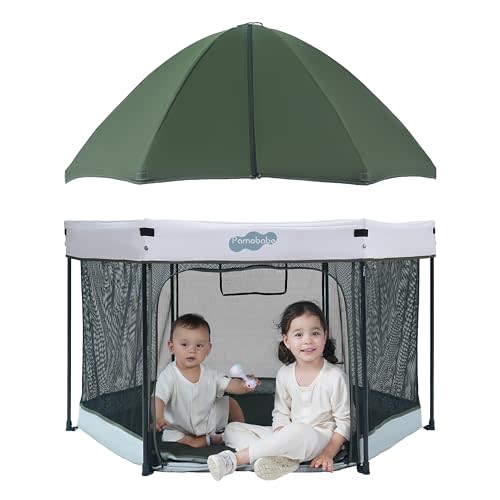 Pamo Babe Baby Playpen with Sun Protection Canopy - Indoor & Outdoor Play Yard for Babies and Toddlers - Baby Tent with Zipper Door