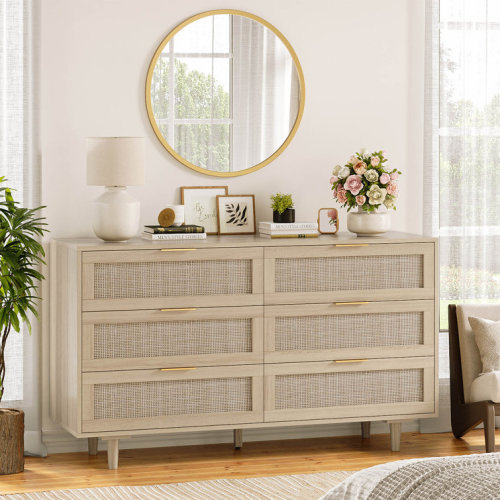 Aimara 51" Rattan 6 Drawer Dresser for Bedroom, Boho Wood Dresser with Gold Handles & Wood Legs
