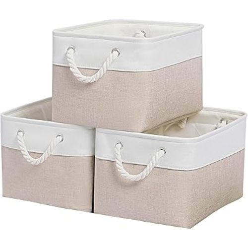 15x11x9.5 Inch Storage Baskets for Shelves,3 Pack Storage Bins,Foldable Organizer Boxes, Decorative Storage Basket for Organizing Clothes, Toys, Books, Foldable Cloth Baskets (White&Beige)