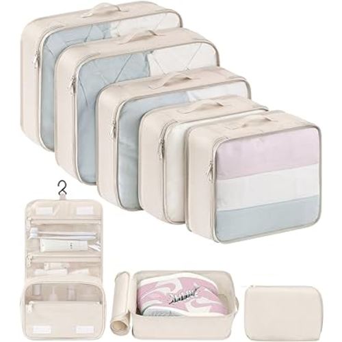 DIMJ Packing Cubes for Suitcase, 8 Pcs Packing Cubes for Travel Lightweight Travel Packing Organizers with Large Toiletries Bag (Beige)